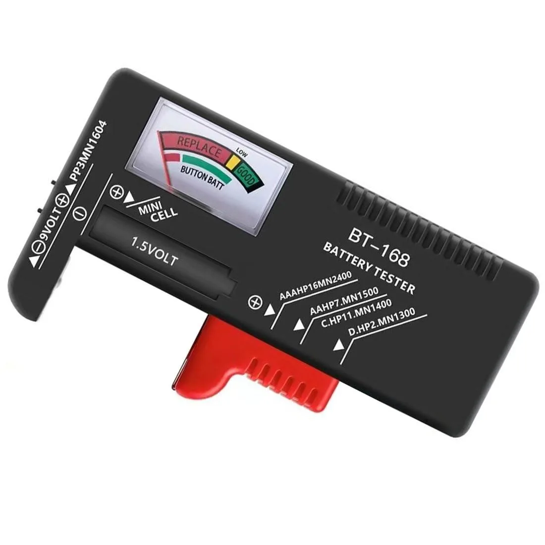 Compact black battery tester with analog meter and sliding contacts, 11 by 6 by 2.5 cm