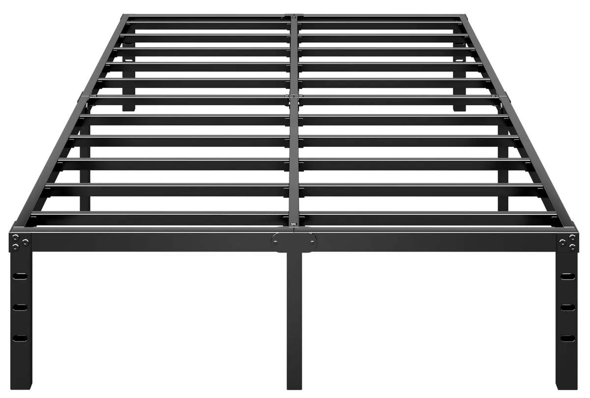Black metal platform bed frame, full size, 14 inch height, clean minimalist lines