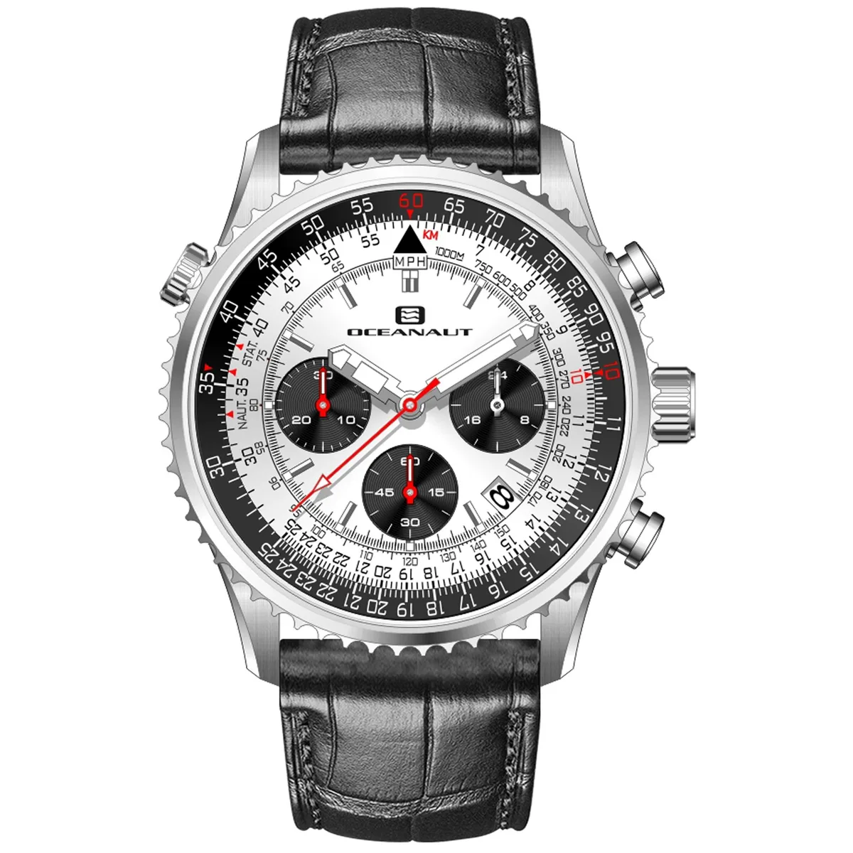 Silver-dial quartz chronograph watch with stainless steel case and leather strap