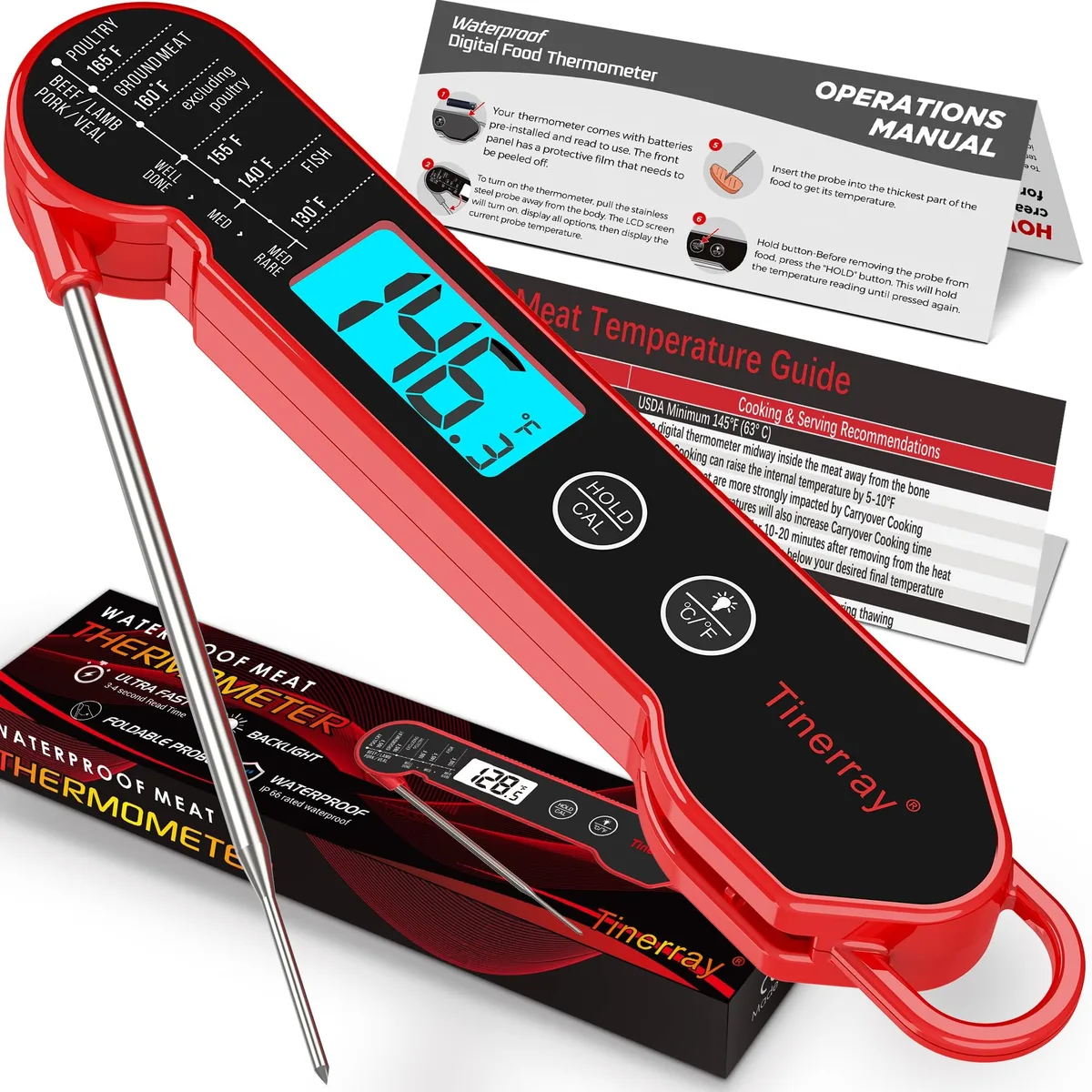 Red folding digital thermometer with thin metal probe and backlit display