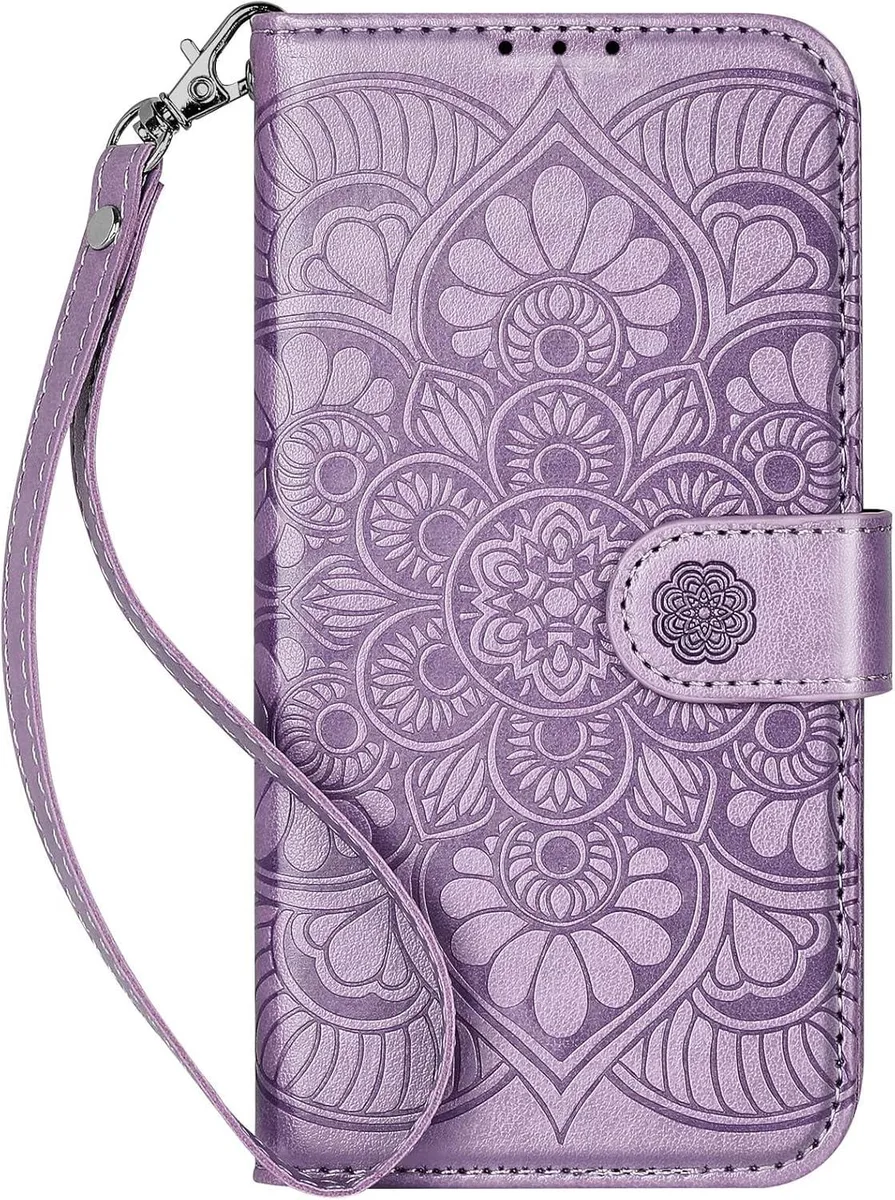 Purple PU leather wallet case for iPhone 13 with magnetic flip cover and card slots