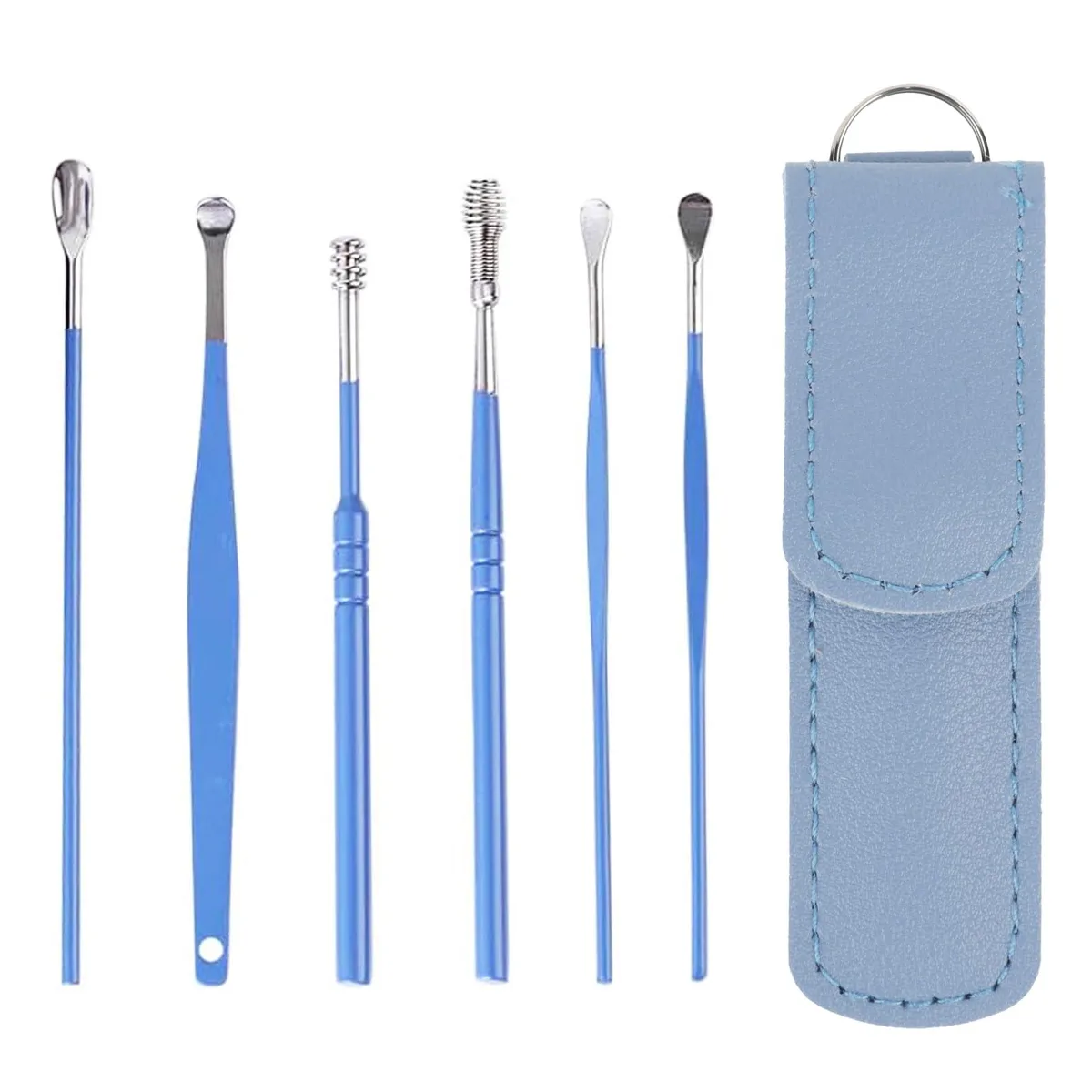 Six stainless steel ear cleaning tools in a storage box