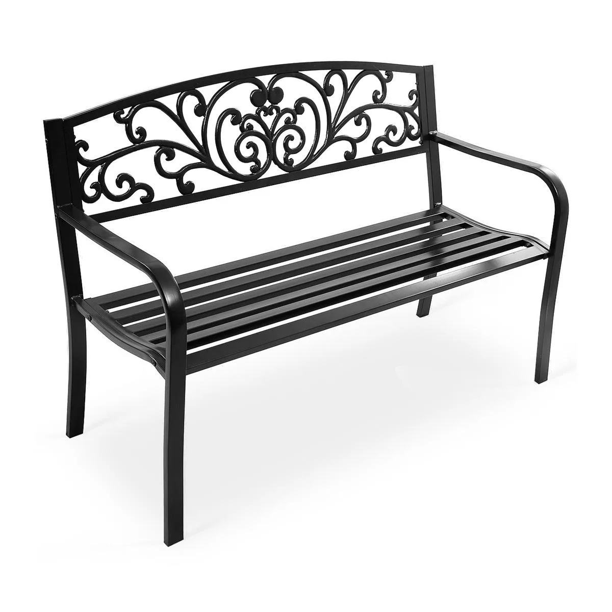 Black steel frame bench with cast iron floral scroll backrest, 50 inches long