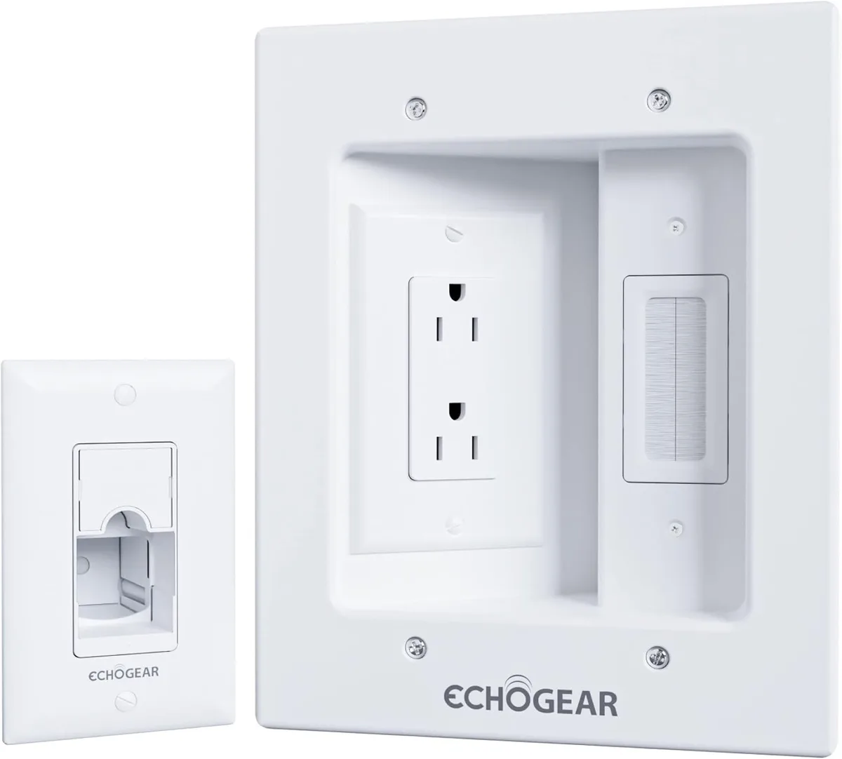 White dual outlet wall plate with three low voltage brush pass-throughs, includes drywall saw and template