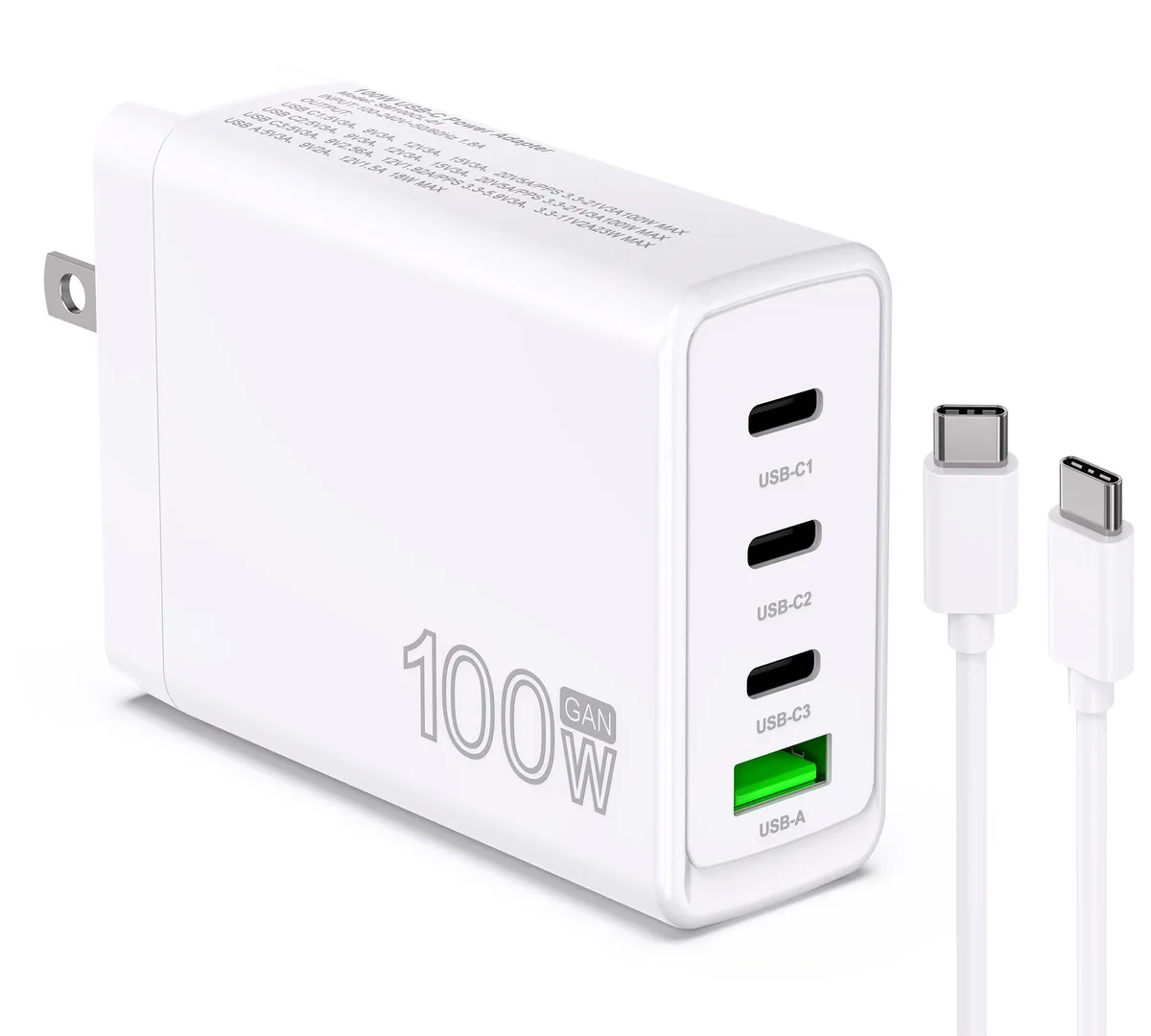 White rectangular GaN charger with foldable plug and four ports, three USB-C and one USB-A, plus a six-foot USB-C cable
