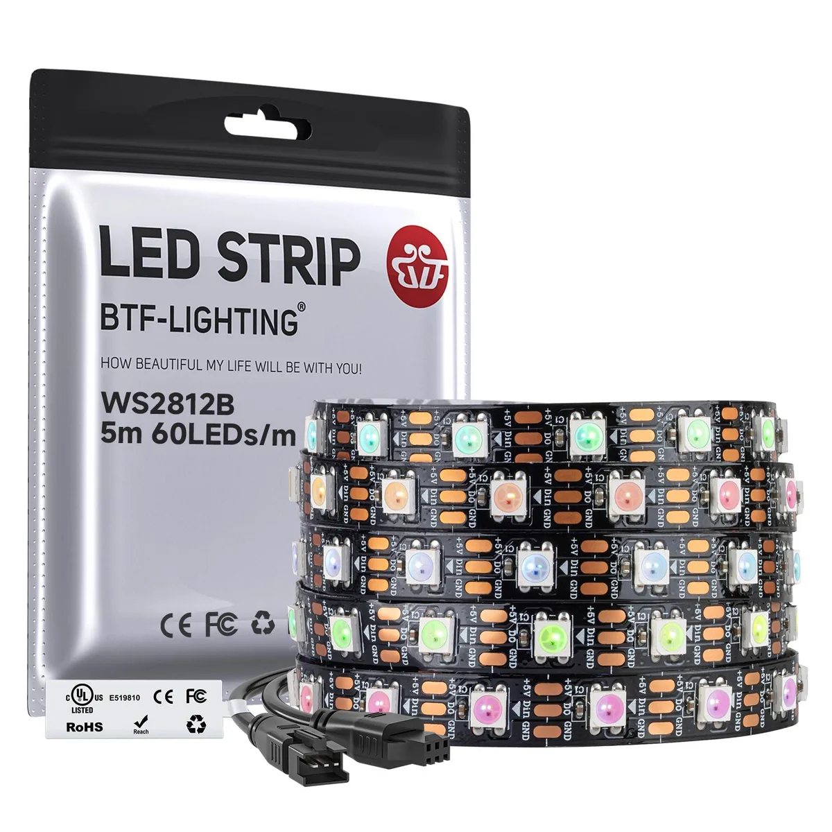 Black flexible LED strip on reel, 10 mm wide, 300 addressable RGB LEDs, 3M tape backing