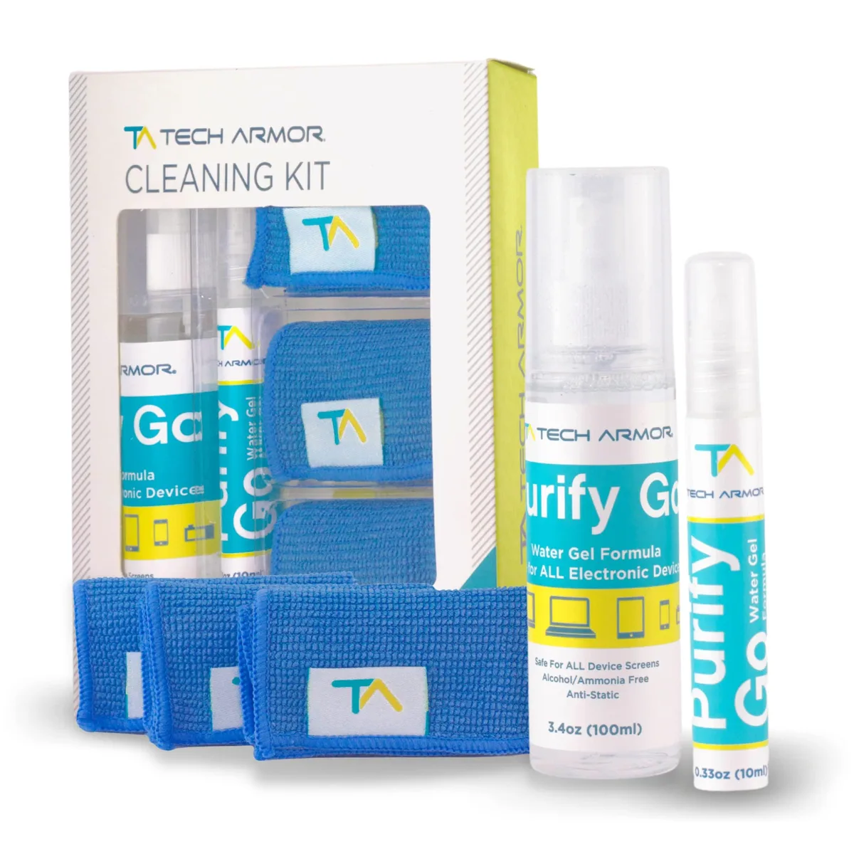 Tech Armor screen cleaner kit with two spray bottles and three microfiber cloths