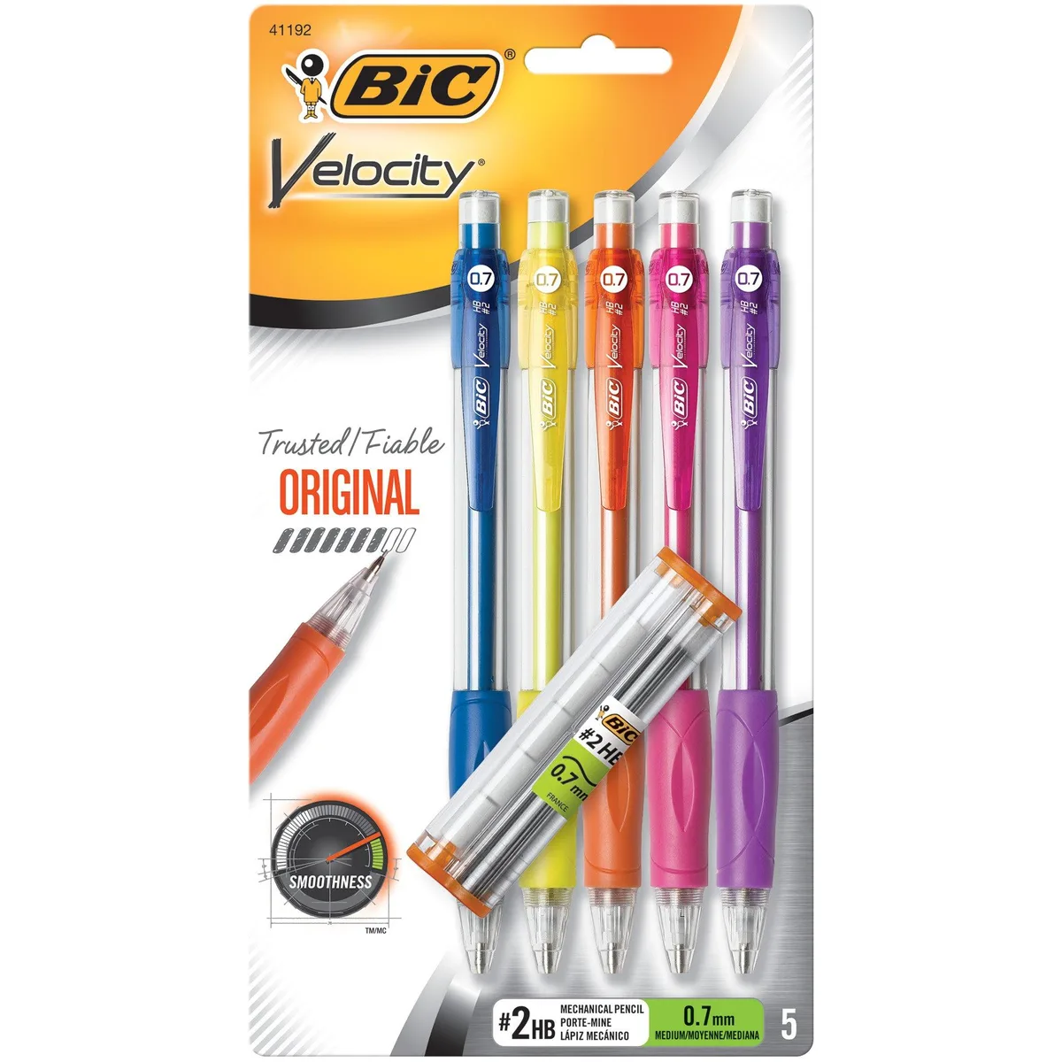 Five colourful plastic mechanical pencils with click erasers 0.7mm lead
