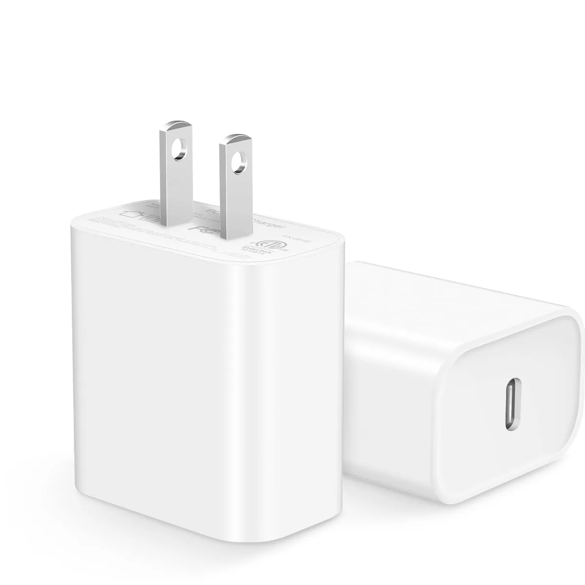 Two compact white USB-C wall chargers with foldable plugs