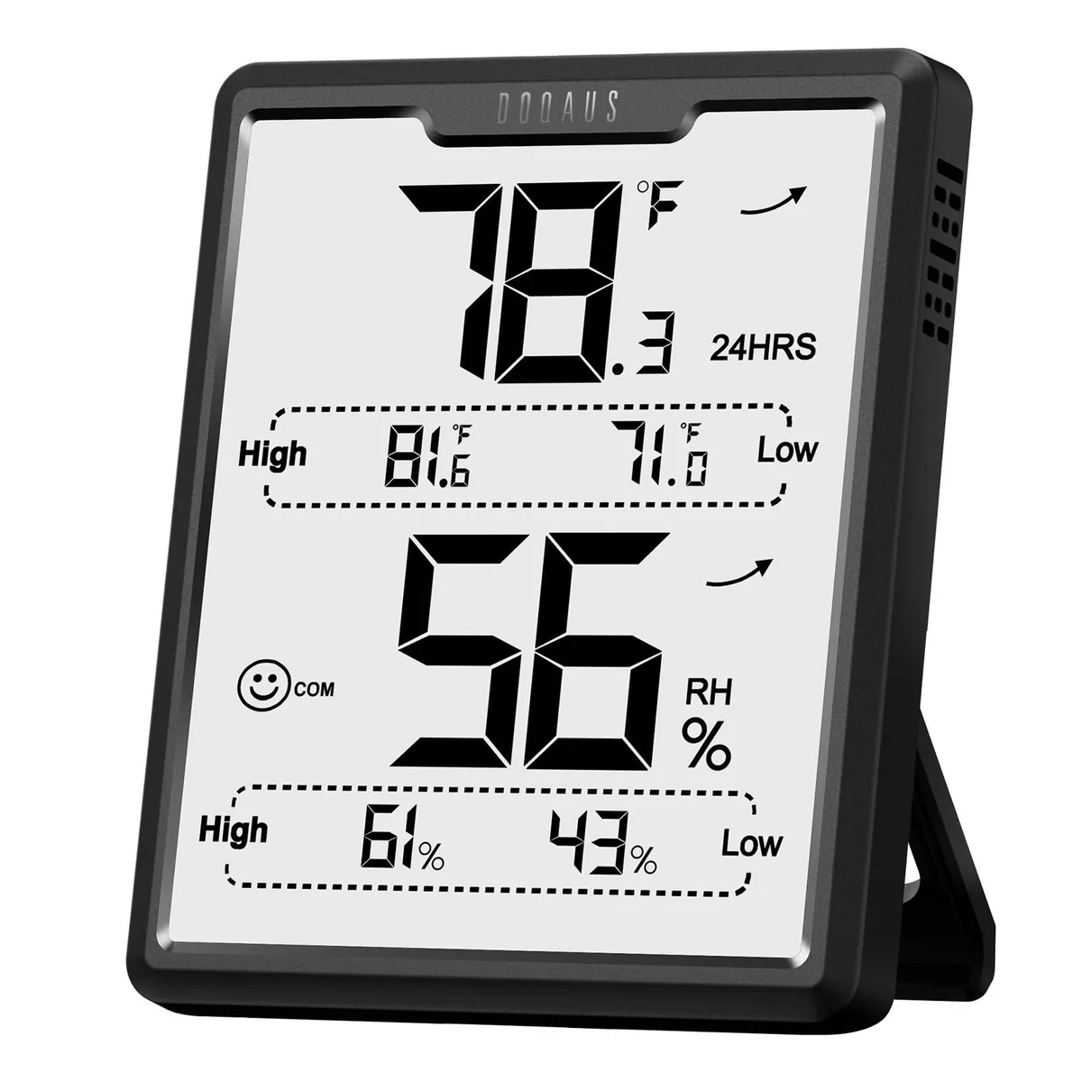 Black rectangular digital thermometer with 3.4in LCD display, tabletop stand and hanging hole