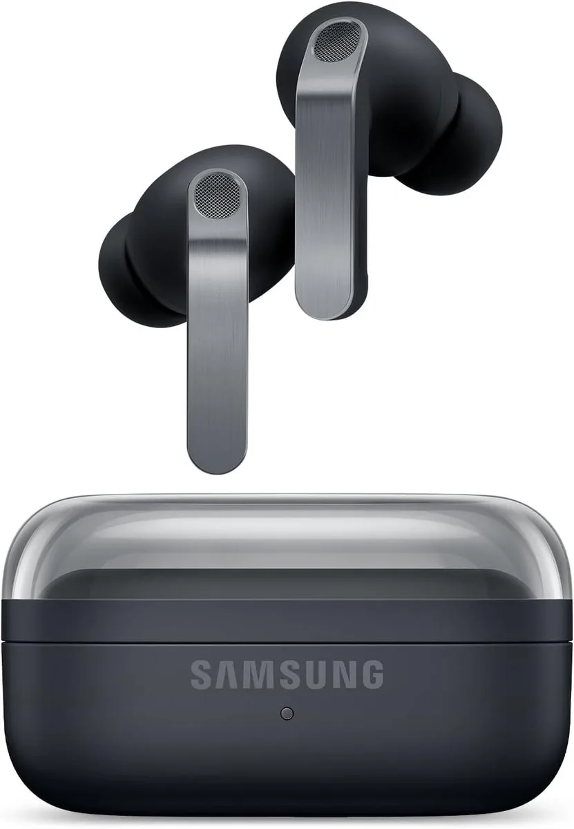 A pair of black true wireless in-ear buds in a matching charging case