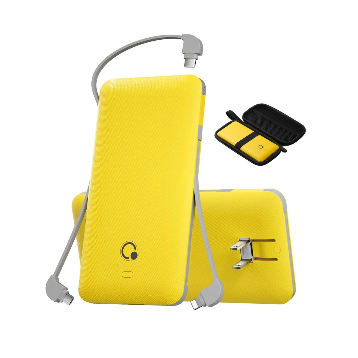 Yellow rectangular power bank with built-in cables and fold-out AC plug, 6.29 by 2.95 by .6 inches