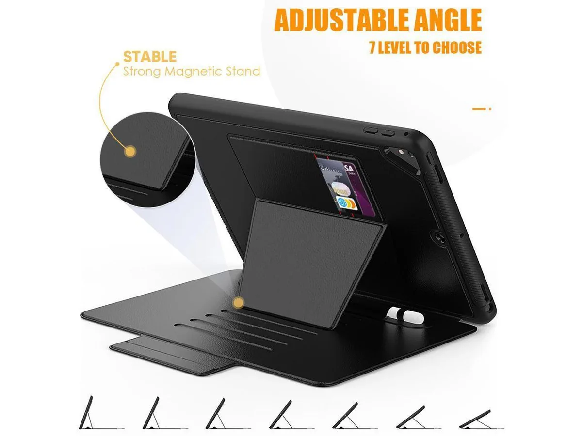 Black magnetic stand case for 9.7 inch iPad with pencil holder card slot and adjustable kickstand