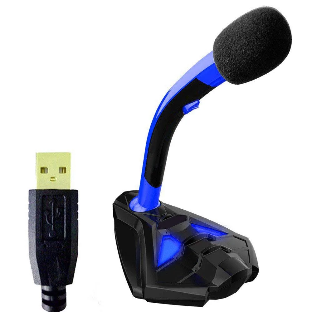 Midnight blue desktop USB microphone on adjustable stand with pop filter and LED lights