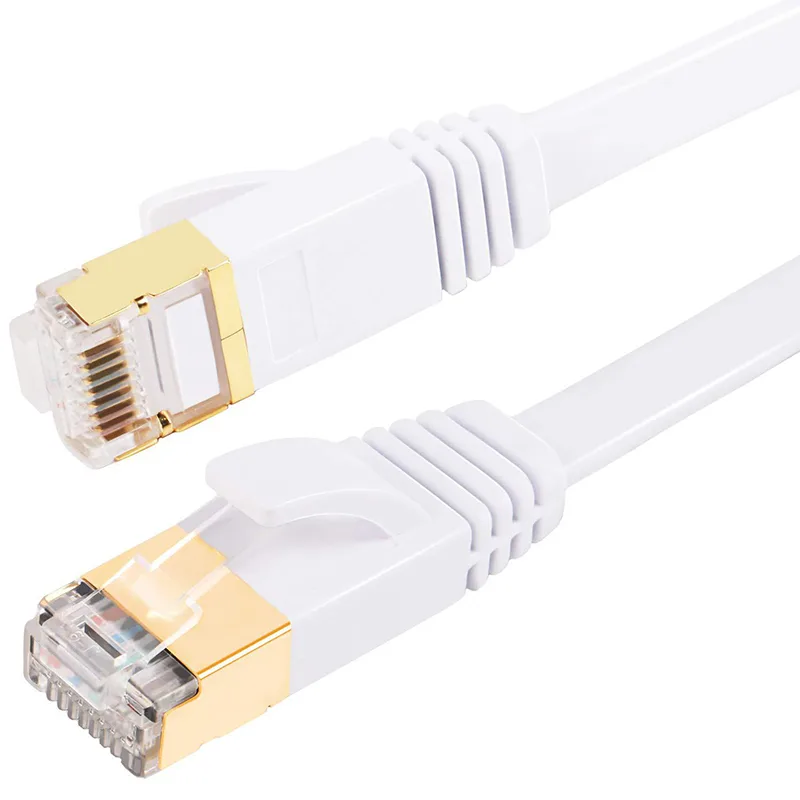 White flat Cat 7 Ethernet cable with gold-plated RJ45 connectors, 33 ft length