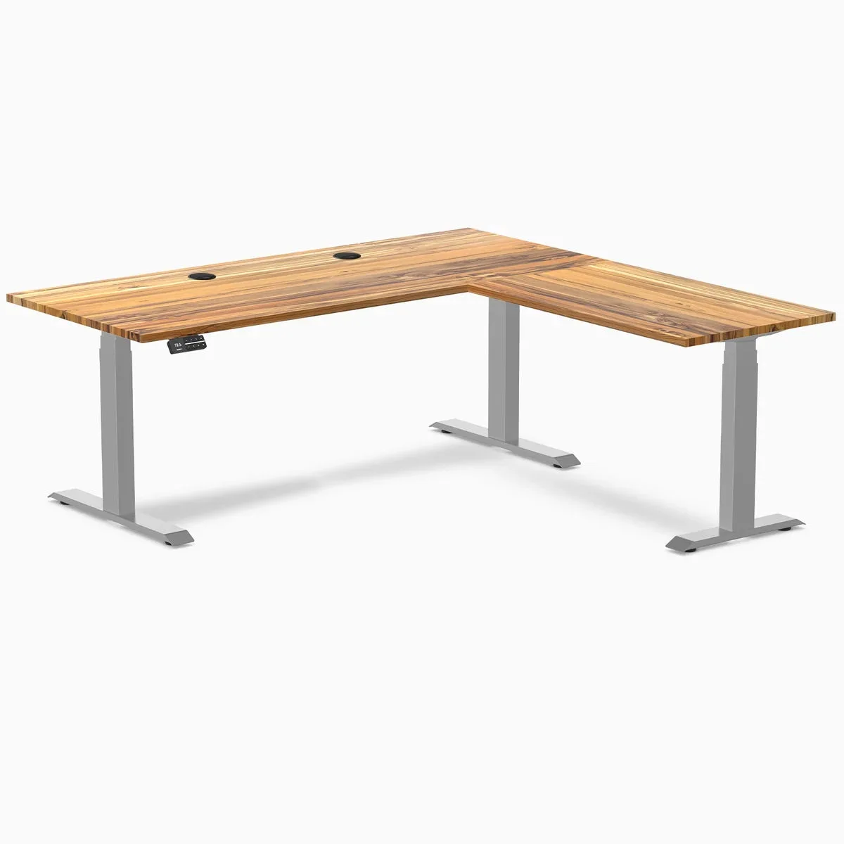 Desky Desky Hardwood L-Shape Sit Stand Desk Teak Grey 72 x 30 x 70 x 24 in with Grommets — product photo