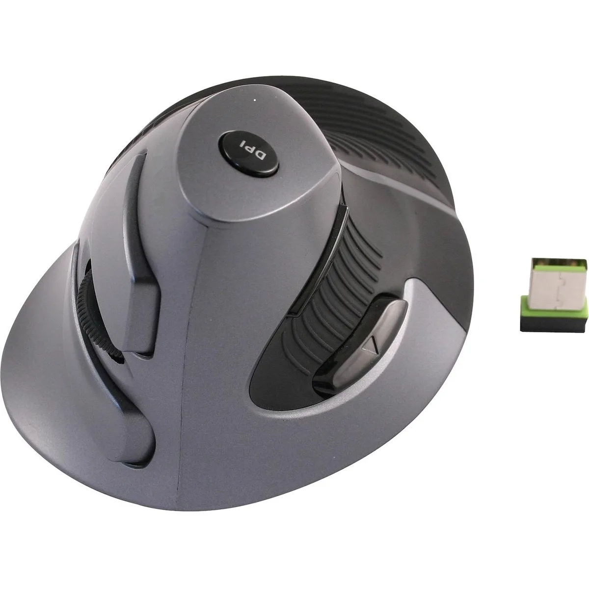 Black vertical wireless mouse with removable hand rest and sculpted thumb side