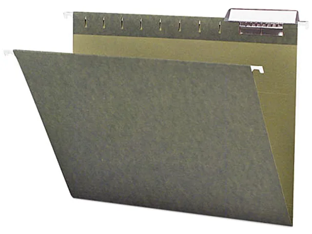 Box of 25 green letter-size hanging folders with clear vinyl tabs