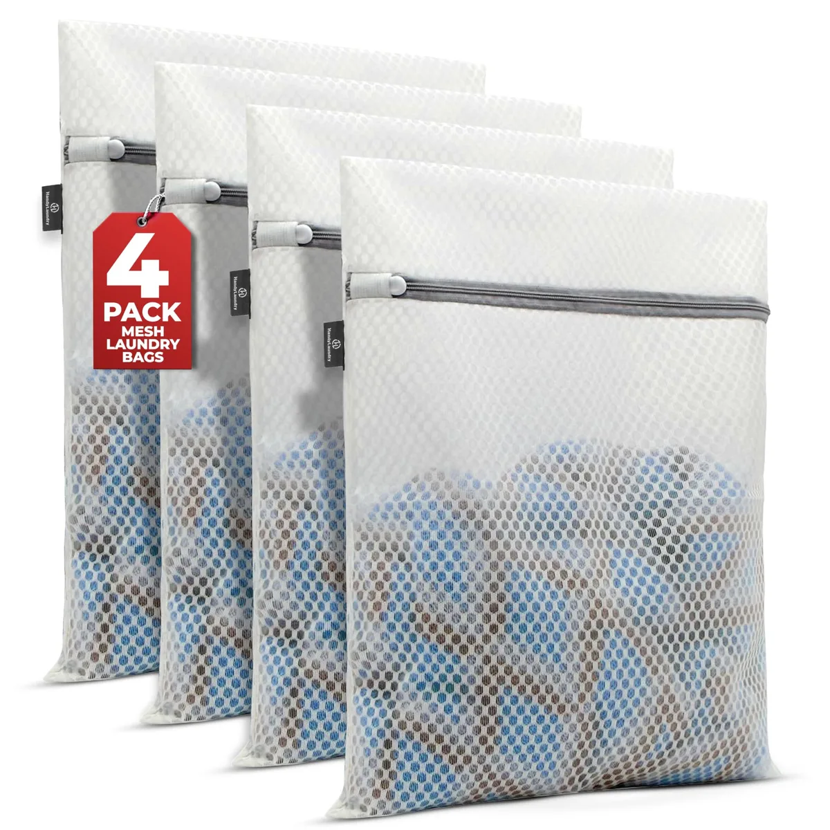 Four beige mesh laundry bags with secure zipper closure, 12 by 16 inches
