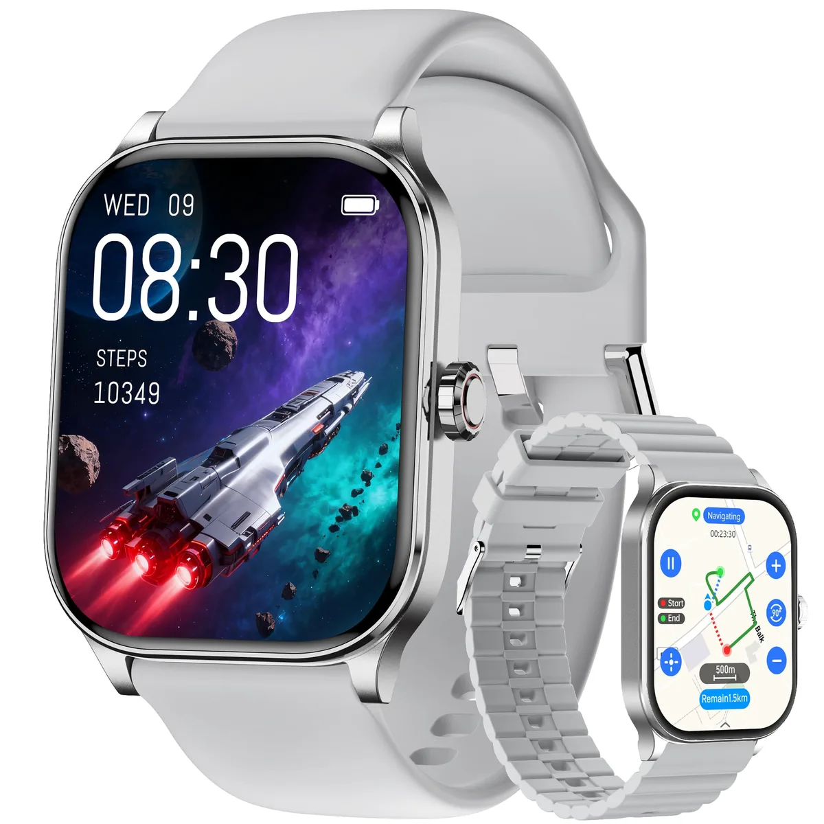 Silver smartwatch with 1.96 inch touchscreen and silicone band