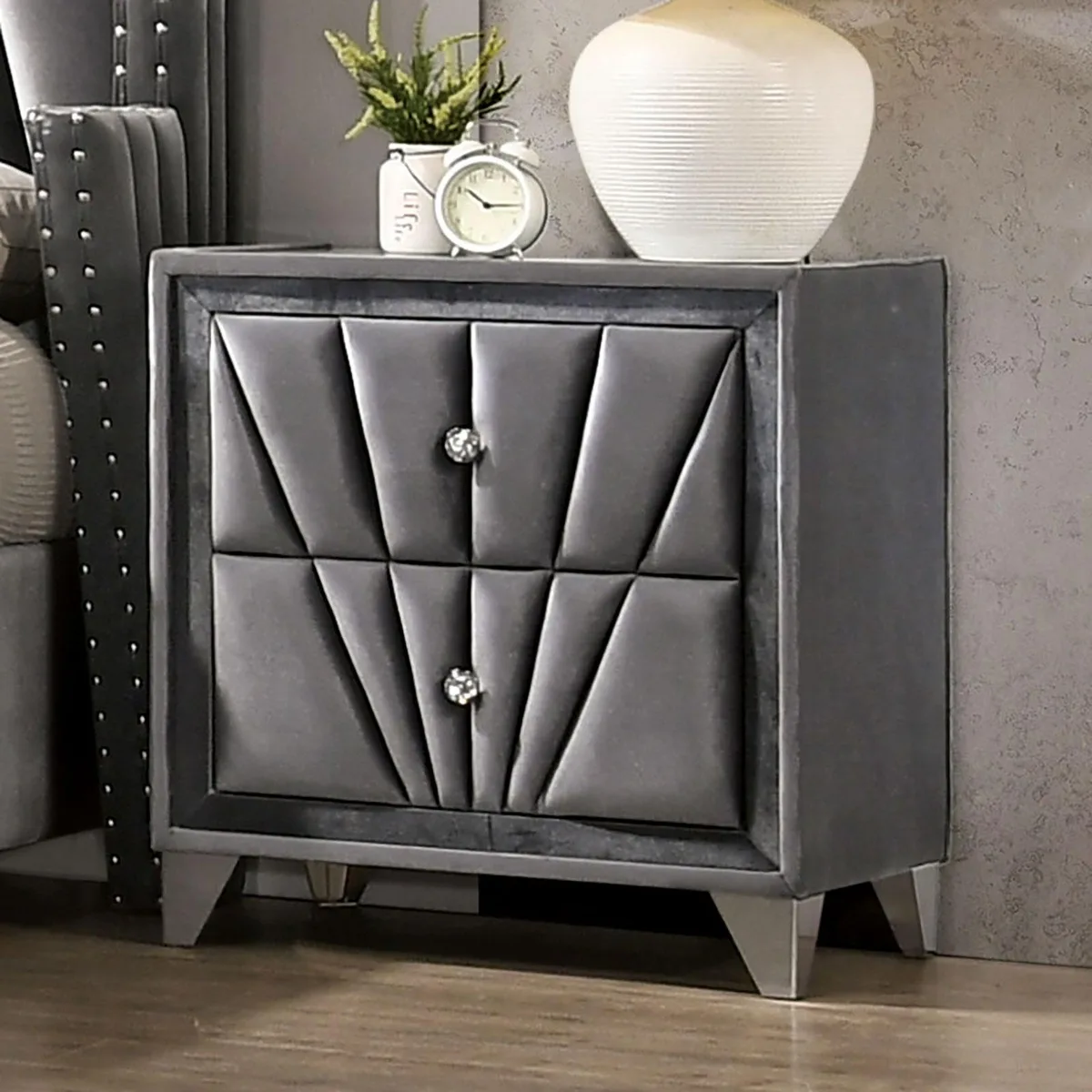 tuphen tuphen Gray Upholstered Nightstand Chrome Legs 26 3/8"L 18 1/8"W 28"H — product photo