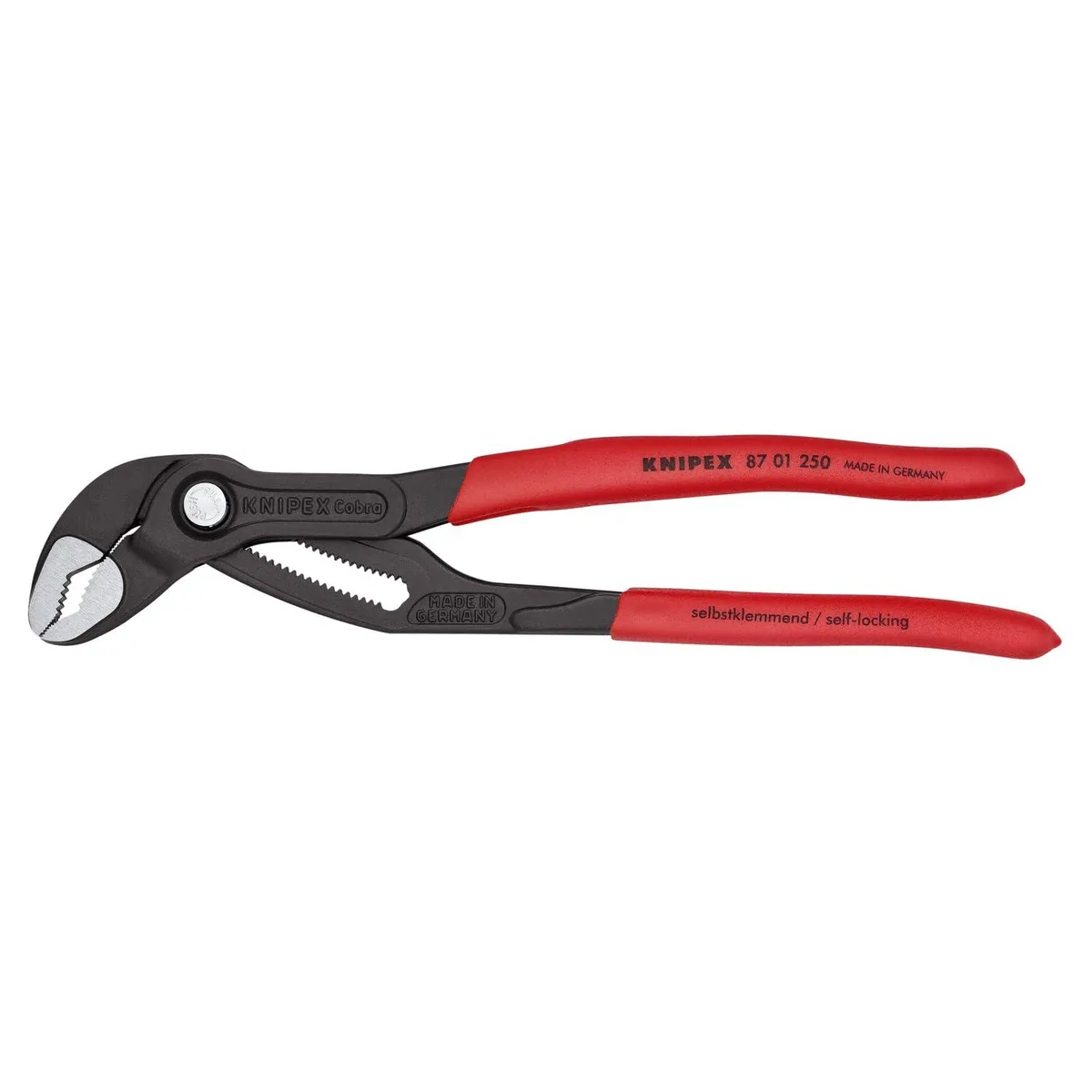 Red 10-inch water pump pliers with curved jaws and push-button adjustment
