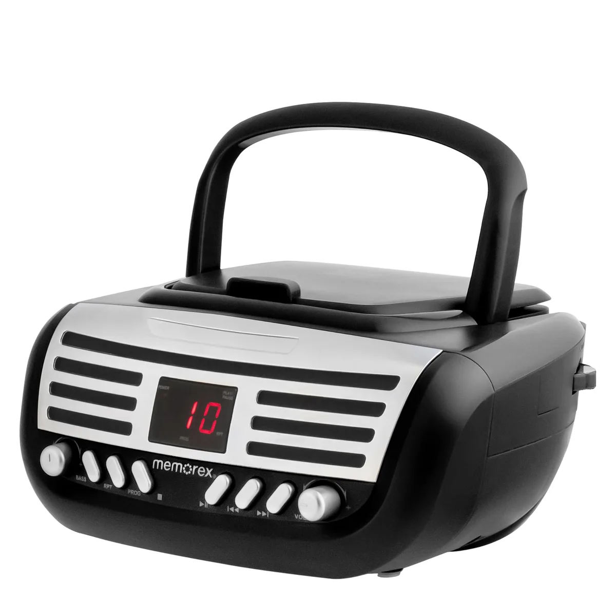 Black portable CD player with top-loading slot, foldable handle, telescopic antenna and red LED display