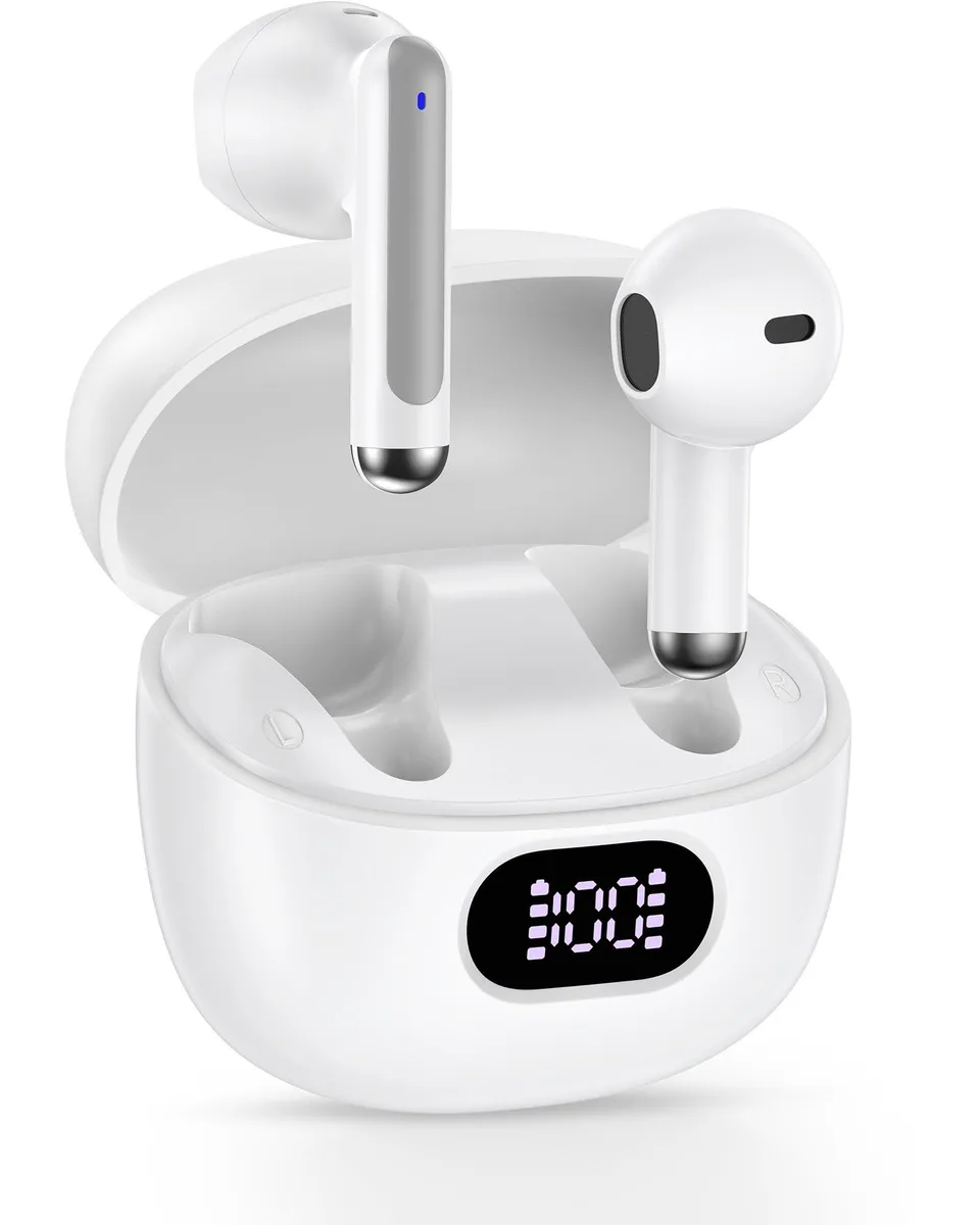 White in-ear earbuds in a matching charging case with LED display