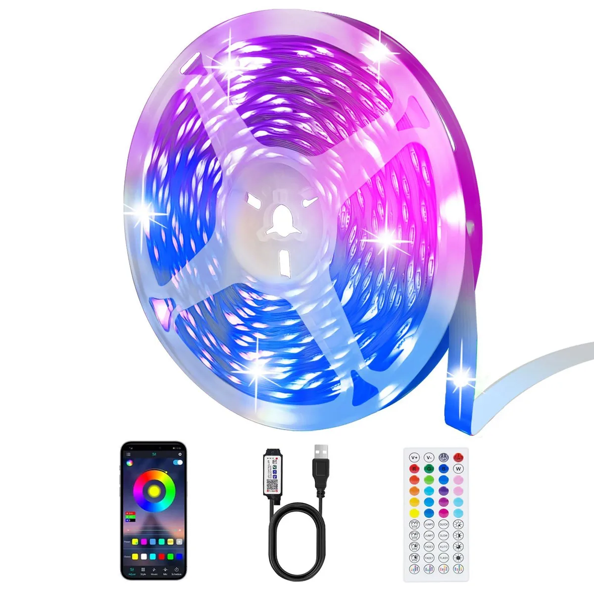 White USB-powered LED strip on a reel, 65 ft long, with inline controller and remote