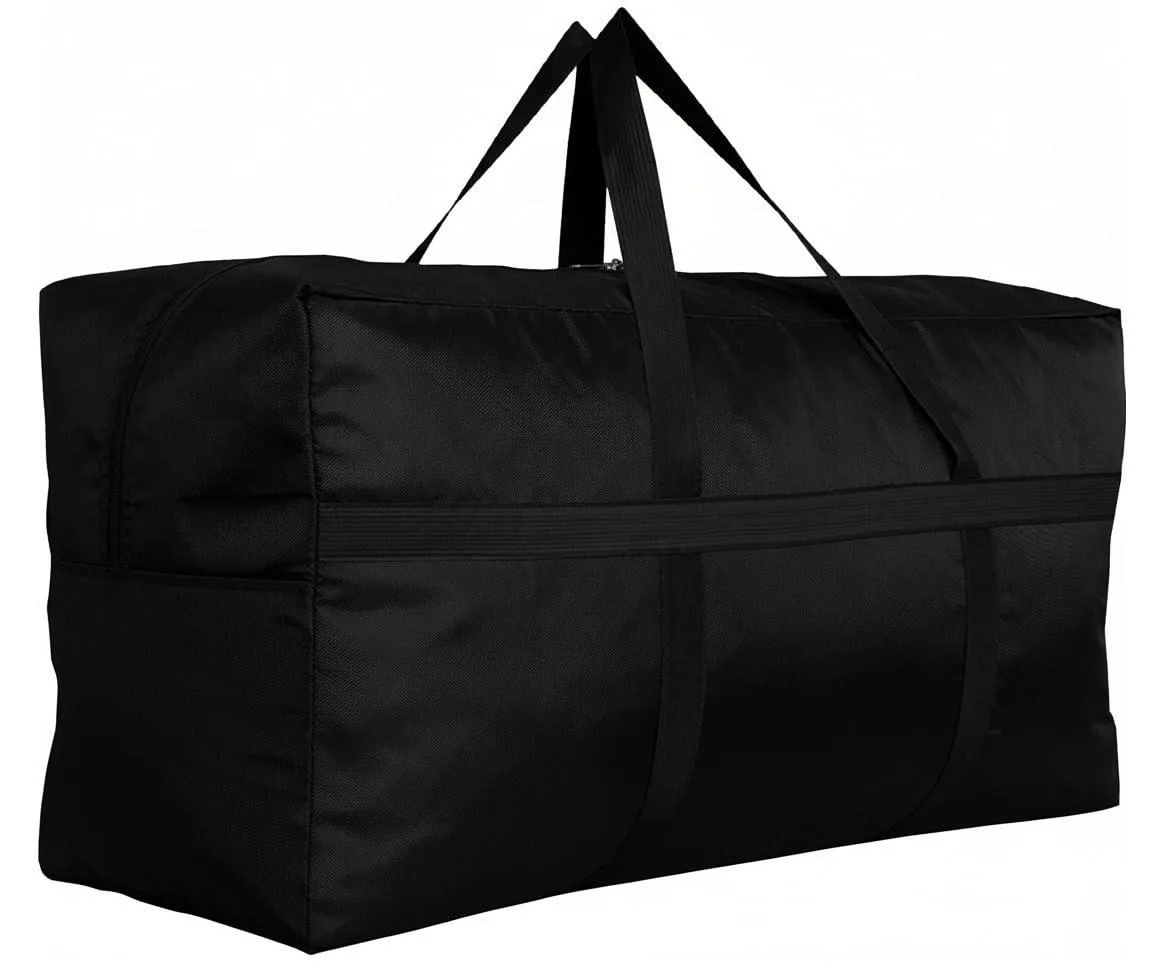 Black 130L duffle bag with reinforced webbing and lockable zippers