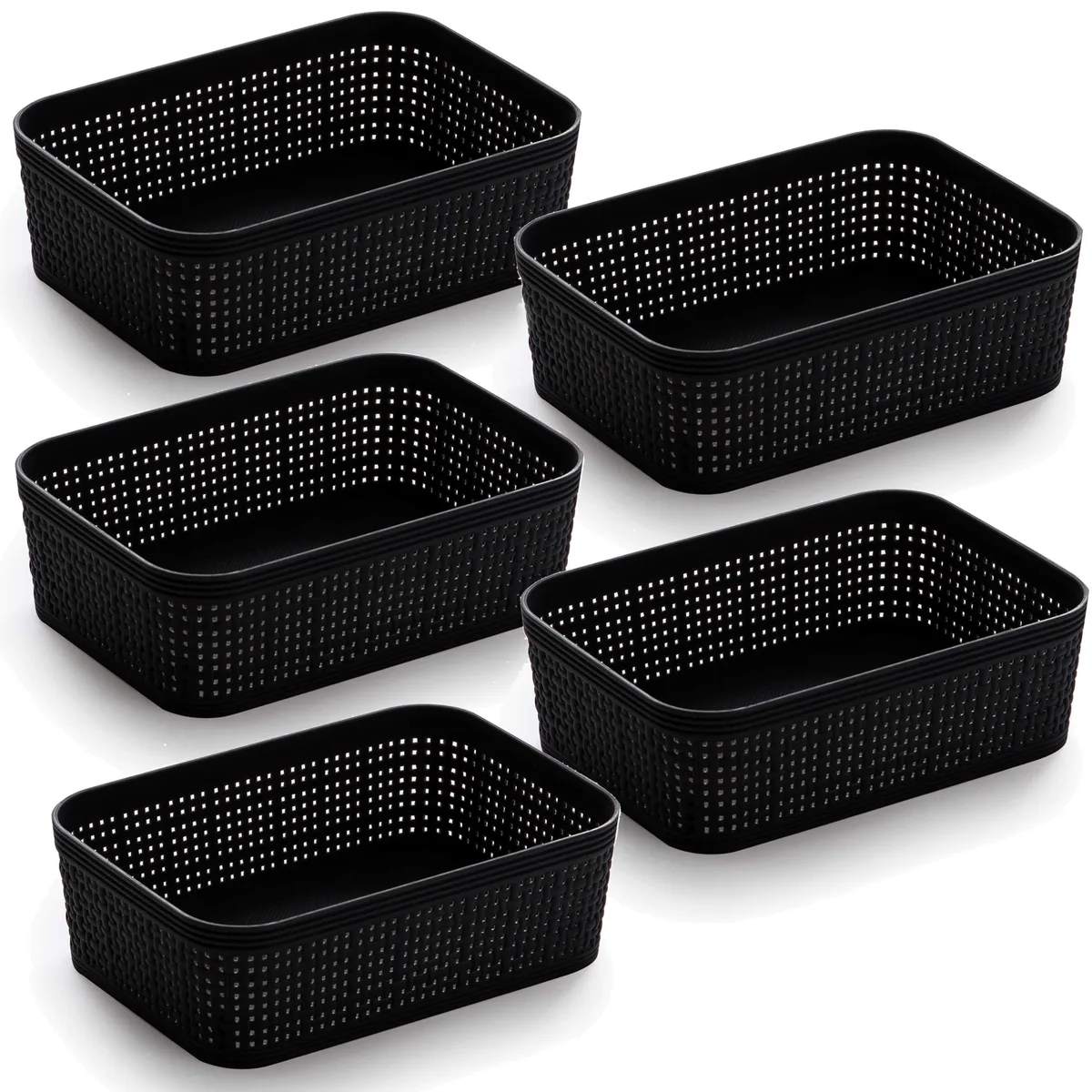 Five black woven plastic XS baskets with handles