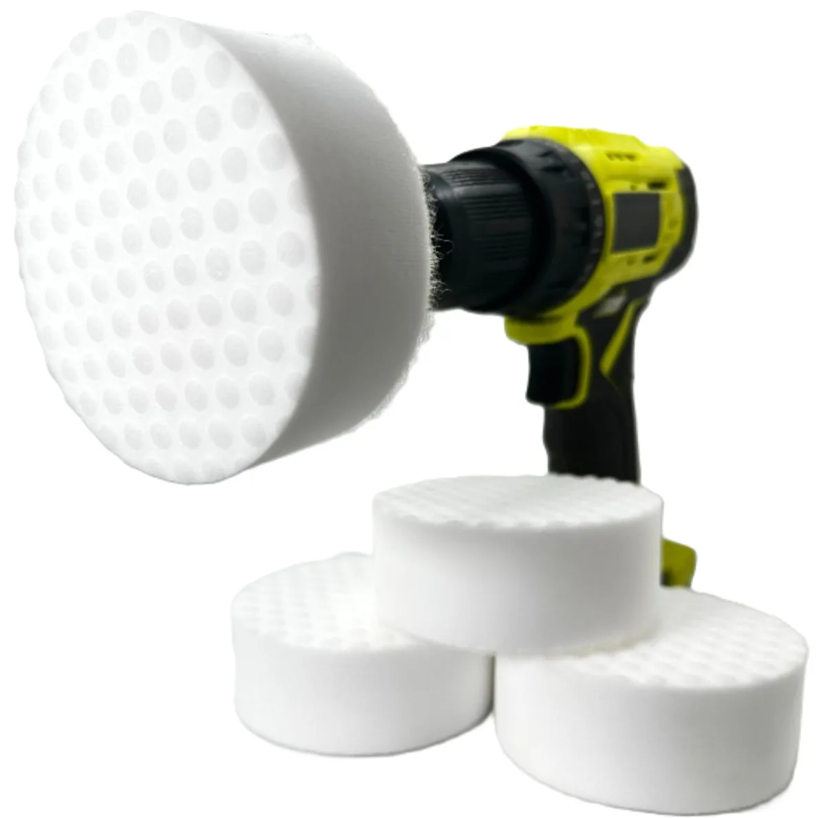 White 4.5 inch round sponge eraser pads with drill adapter shaft and backing plate