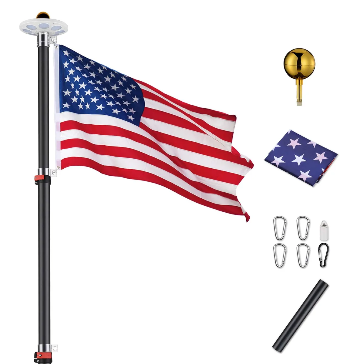 Yescom USA, Inc. Yescom 30 ft Telescopic Aluminum Flag Pole Kit with 136 LED Solar Light US Flag — product photo
