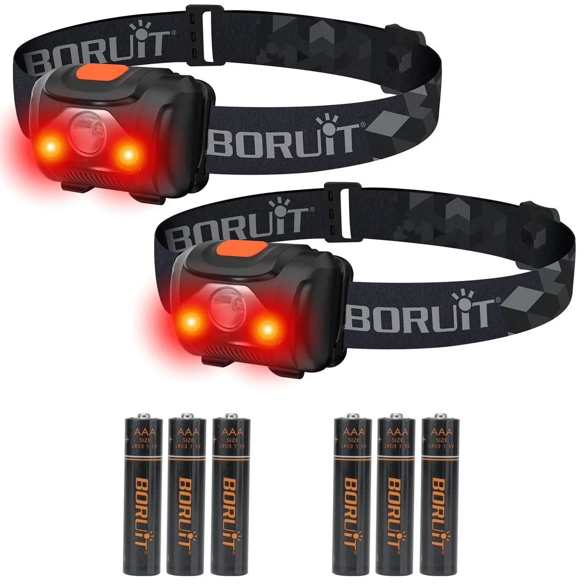 Two compact square headlamps with adjustable straps, white ABS bodies and red side LEDs