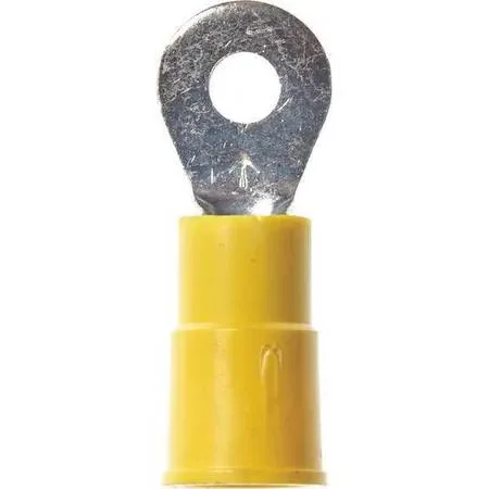 Yellow vinyl-insulated copper ring terminal with tin finish, #10 stud, 10 AWG, 1.03 in long