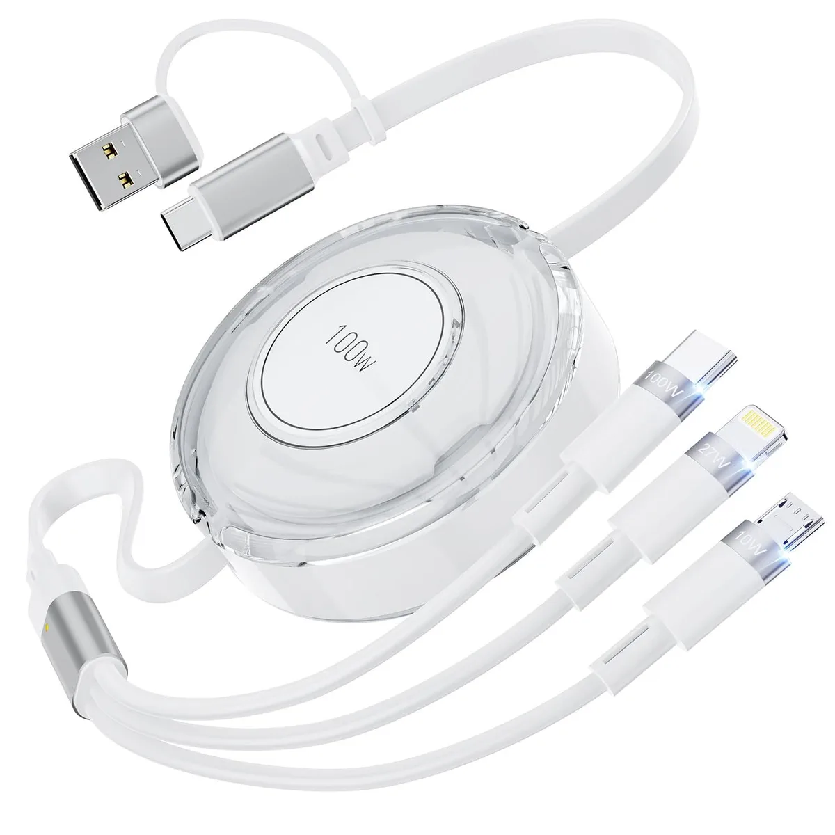 Mobee Mobee 100W 3-in-1 Retractable Cable USB-C/A to Lightning/USB-C/Micro White — product photo