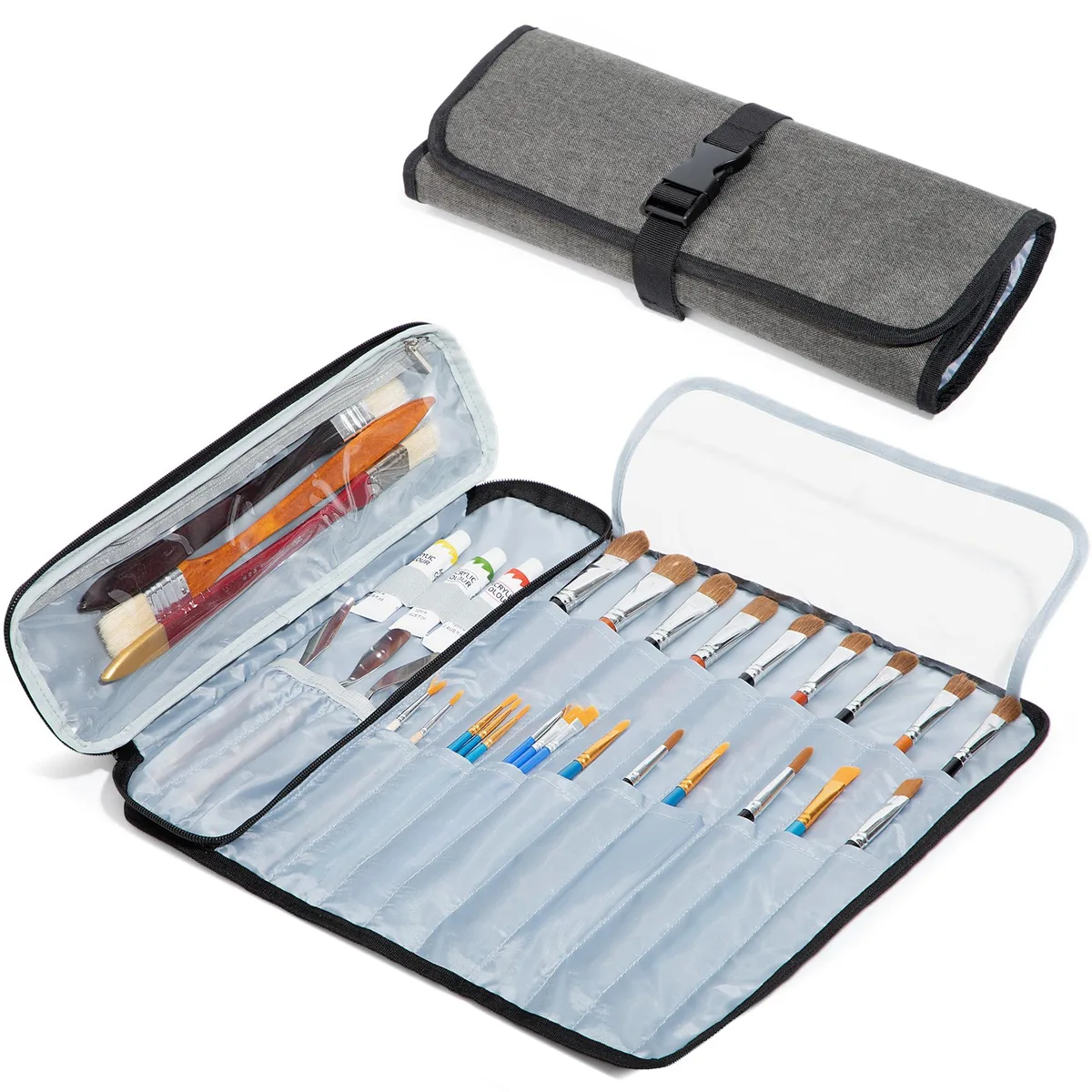 Porter-Cable 21-slot roll-up brush case, 600D nylon with clear PVC pocket, silver buckle closure