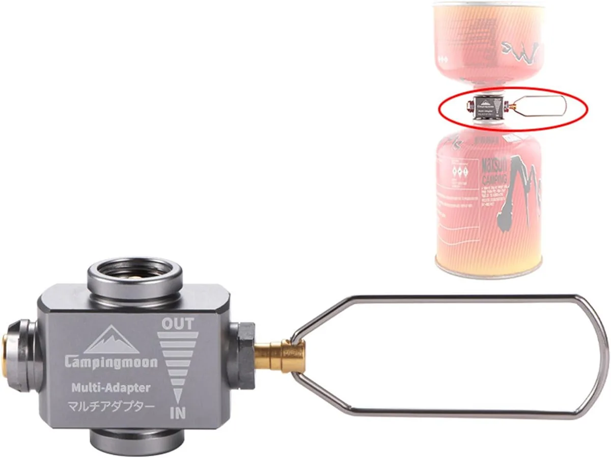 Compact silver metal gas canister adapter with folding arms and brass fittings