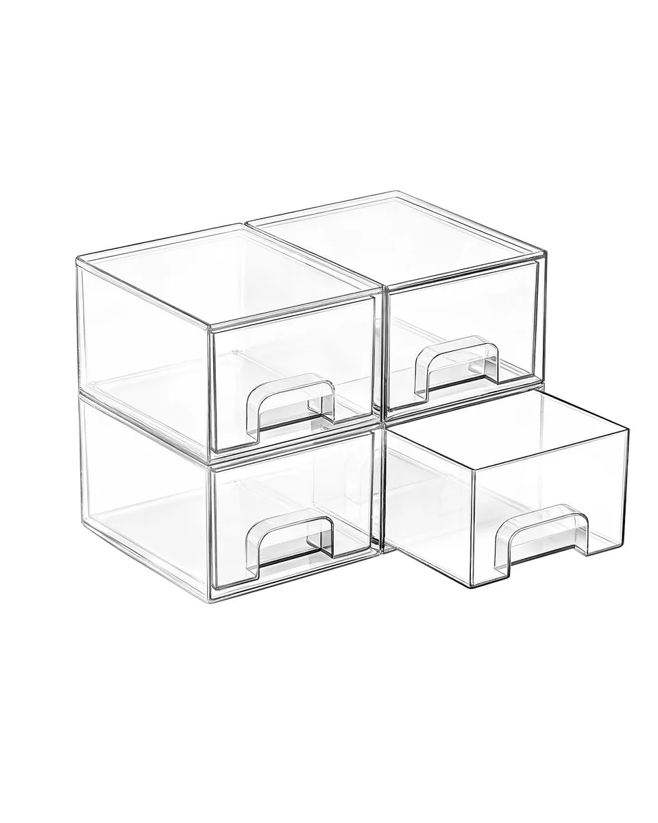 Four clear plastic stackable drawers with pull handles