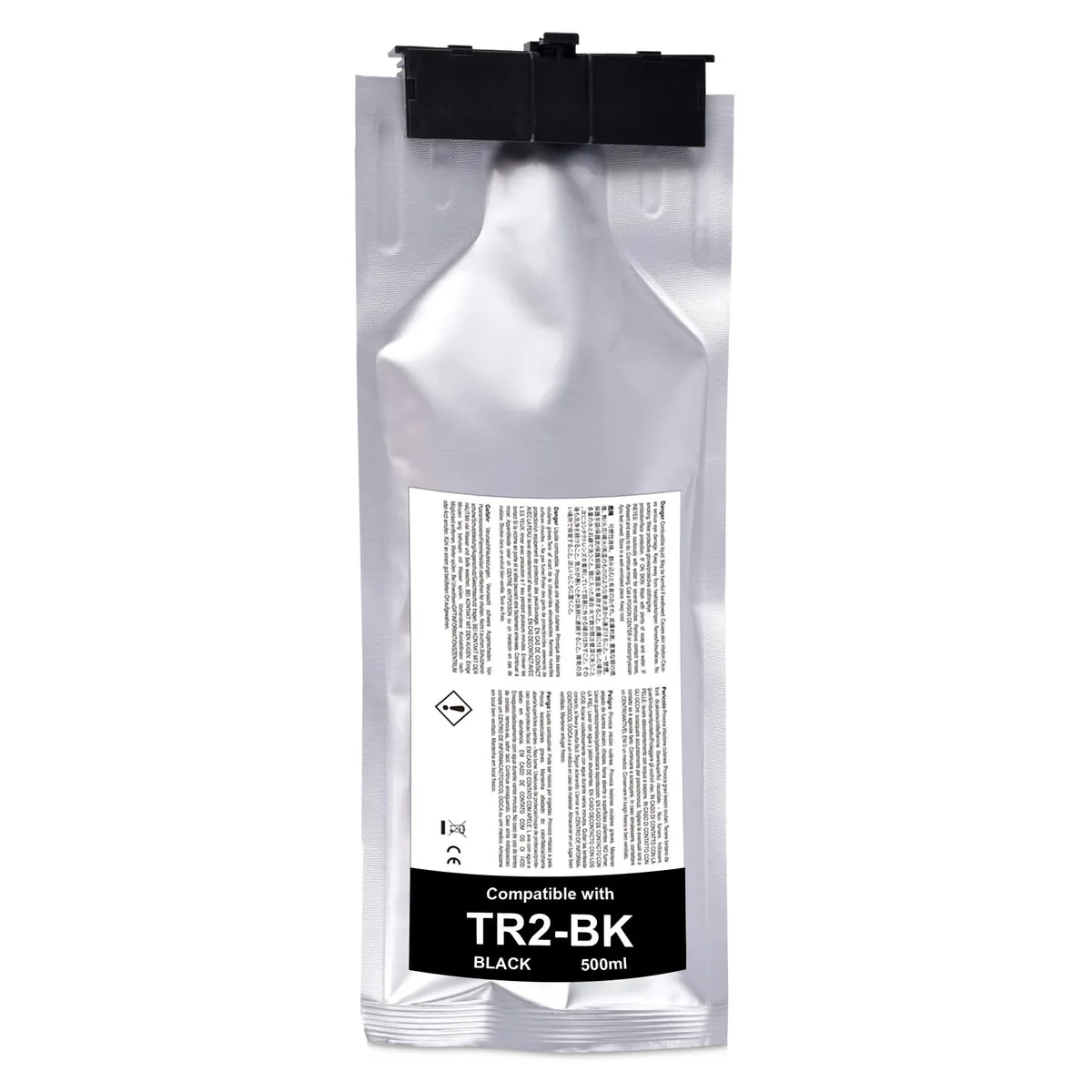 Black rectangular ink cartridge with label, 500ml capacity