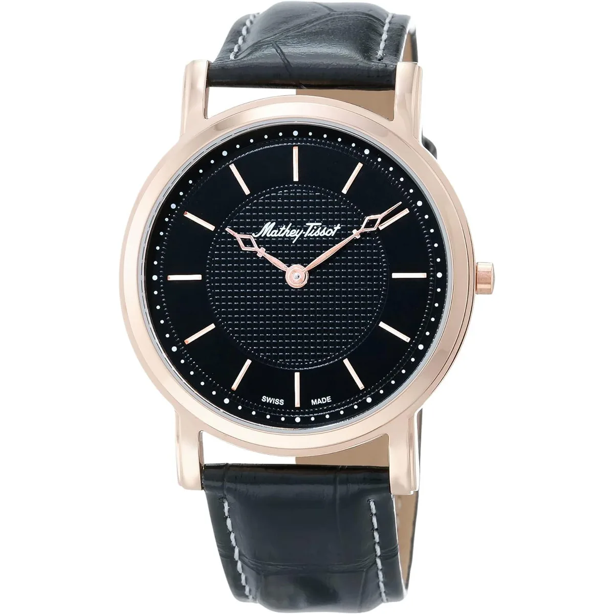 Mathey Tissot City black dial watch, stainless steel case, leather strap