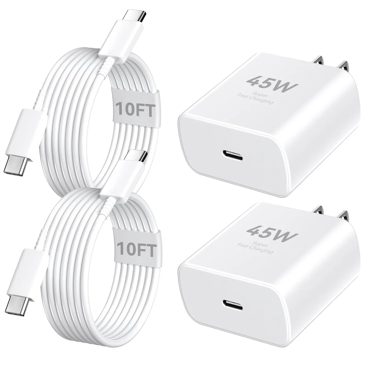 Two white USB-C wall chargers with two long white USB-C cables coiled beside them