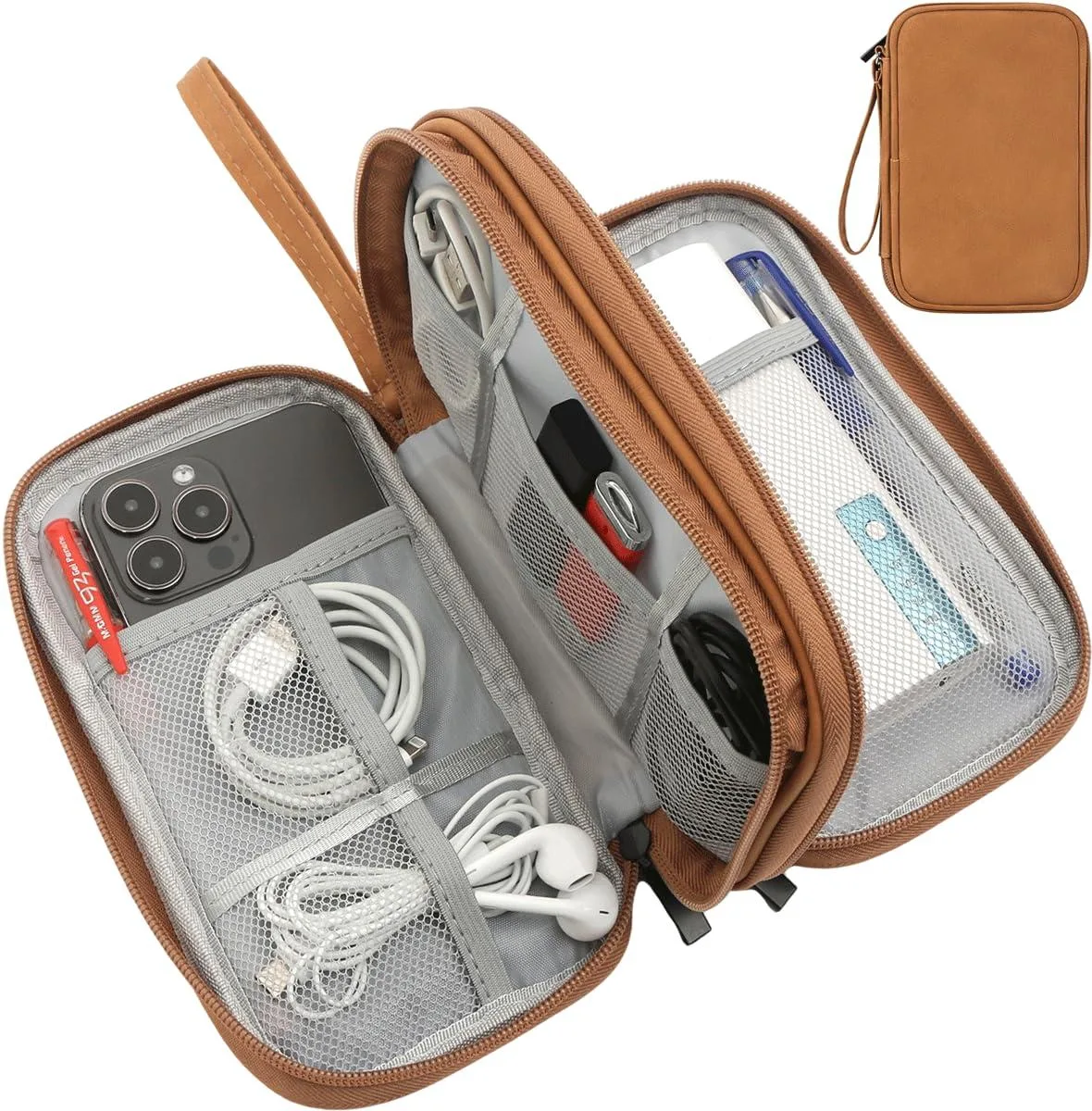 Medium brown rectangular travel pouch with zipper closure and hand strap, water-resistant PU leather finish