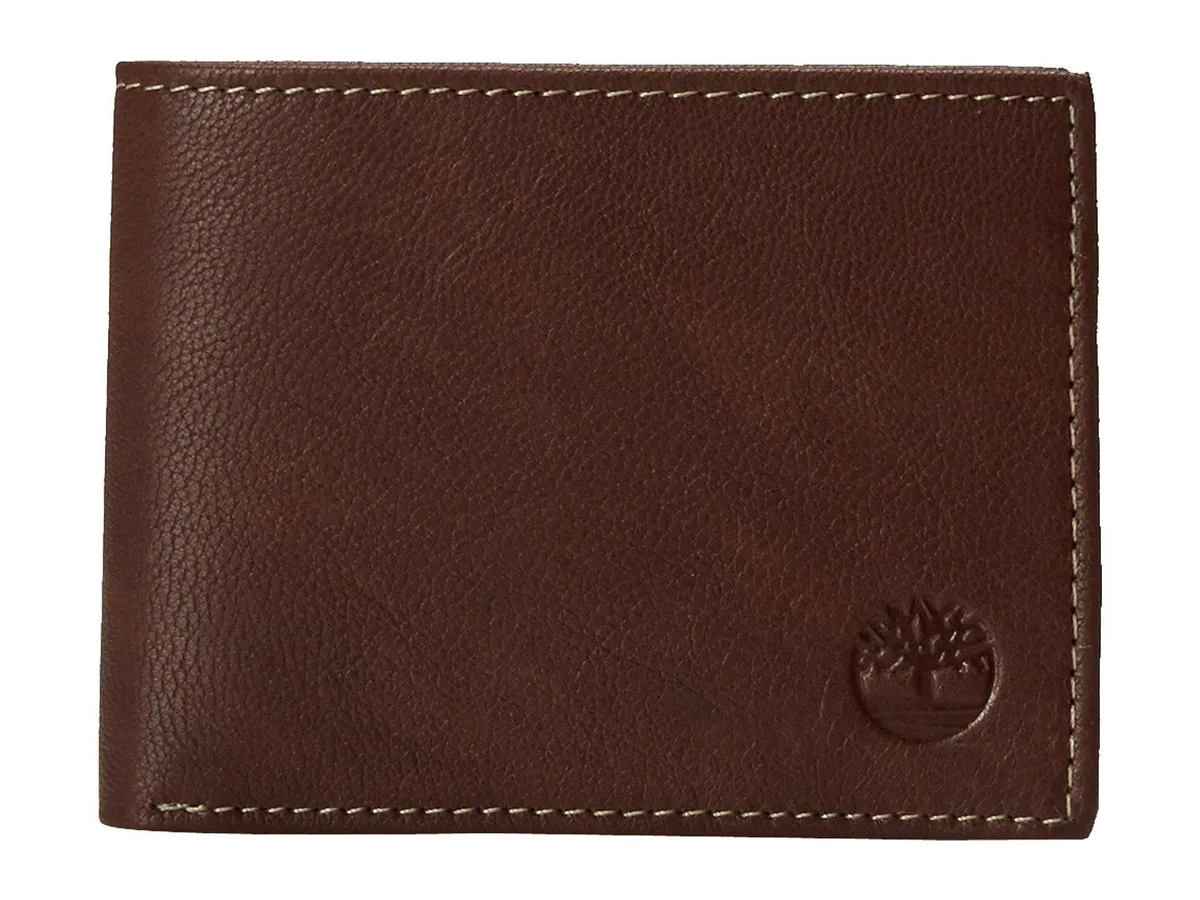Brown leather bi-fold wallet with stitched edges and embossed logo