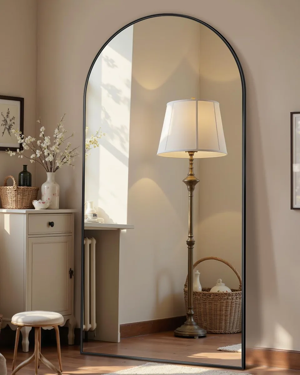 Arched full-length mirror with slim black aluminium frame, 69 by 28 inches