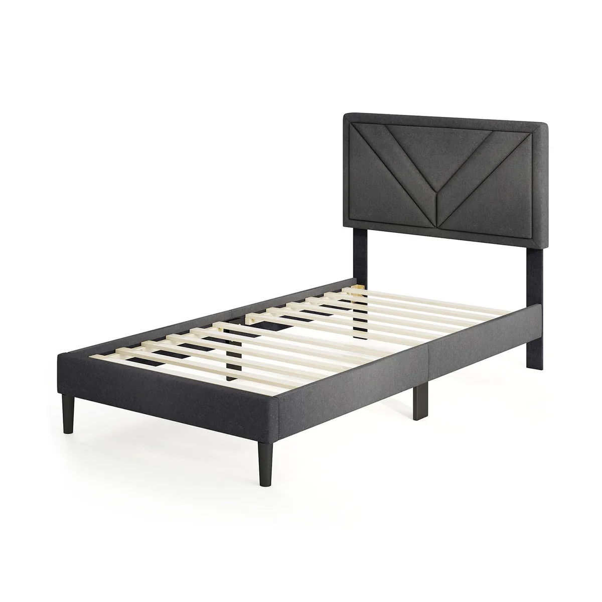 Grey fabric twin platform bed with tufted headboard and wooden slats