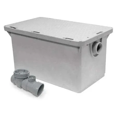 Rectangular gray plastic grease interceptor with gasket fittings and pedestrian cover