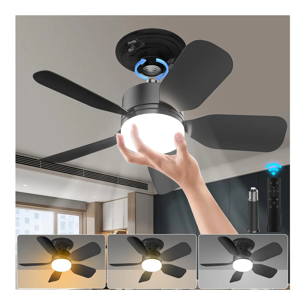 Black 20-inch E26 socket ceiling fan with five black blades, LED light, remote control, matte finish