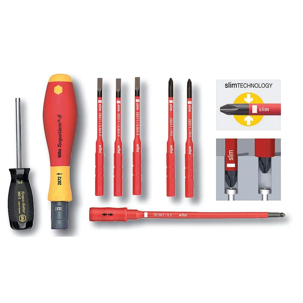 Insulated torque screwdriver set in red case with bits and handle