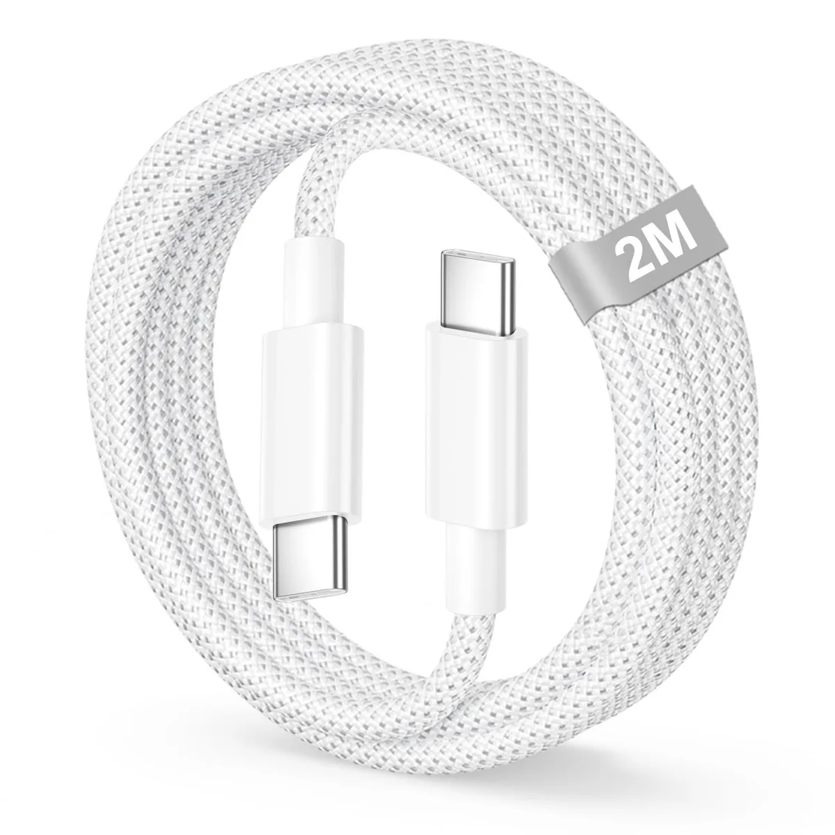 White nylon-braided USB-C to USB-C cable, 6.6 ft, male-to-male connectors